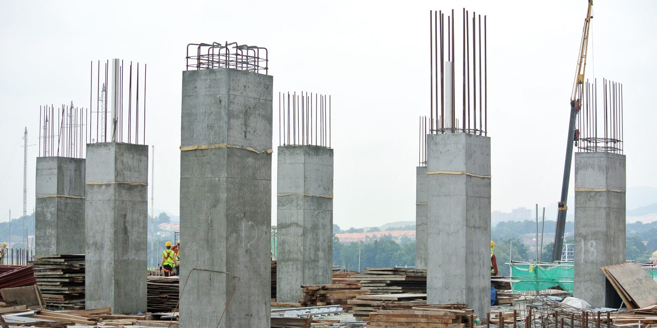 KUALA LUMPUR, MALAYSIA -DECEMBER 16, 2017: Reinforcement concrete column under construction at the construction site. Fabricated and constructed by workers. 