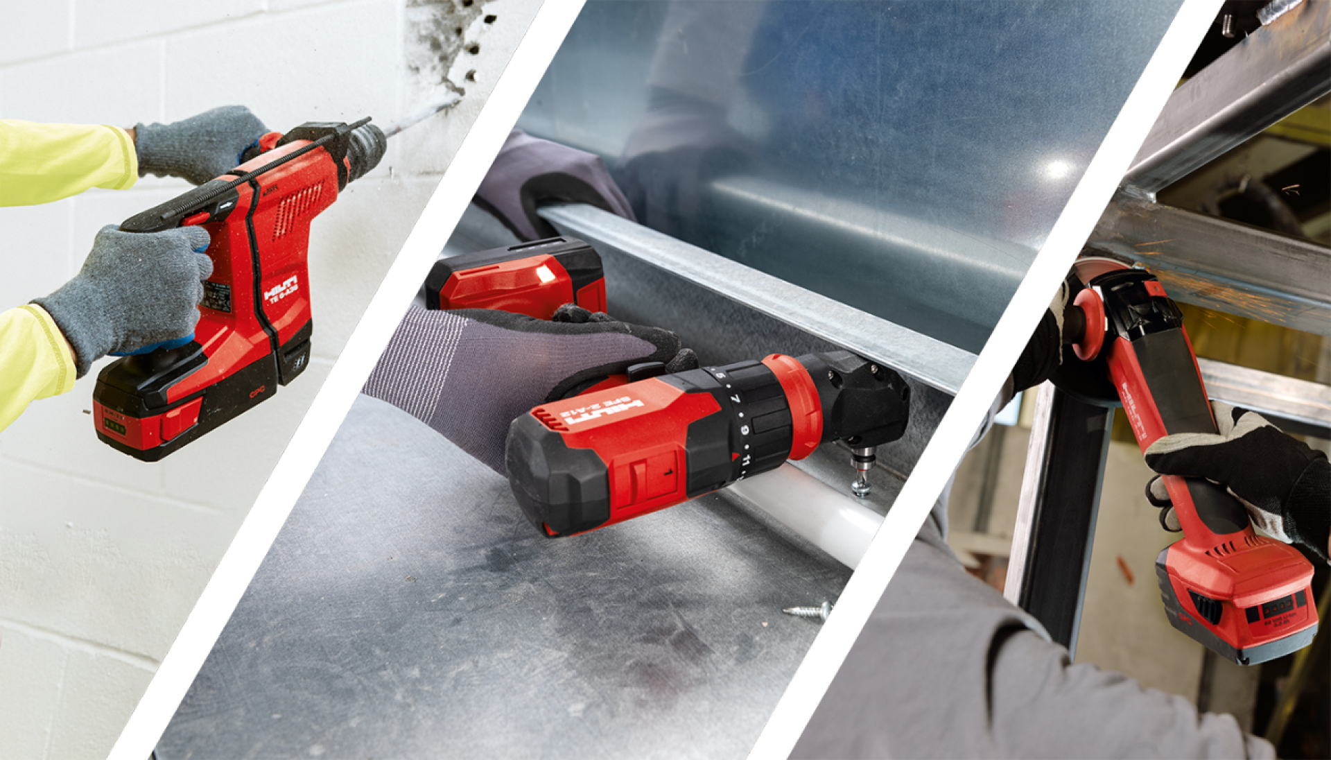 Different Hilti cordless tools being used in three different applications