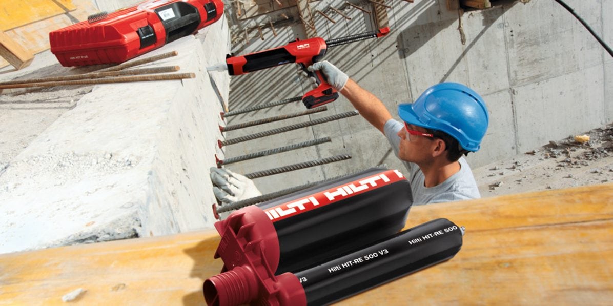 HIT-RE 500 V3 injectable adhesive mortar, ED 3500-A cordless dispenser, Rebar