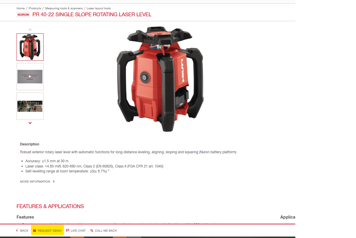 request a demo button selected on theHilti website product page