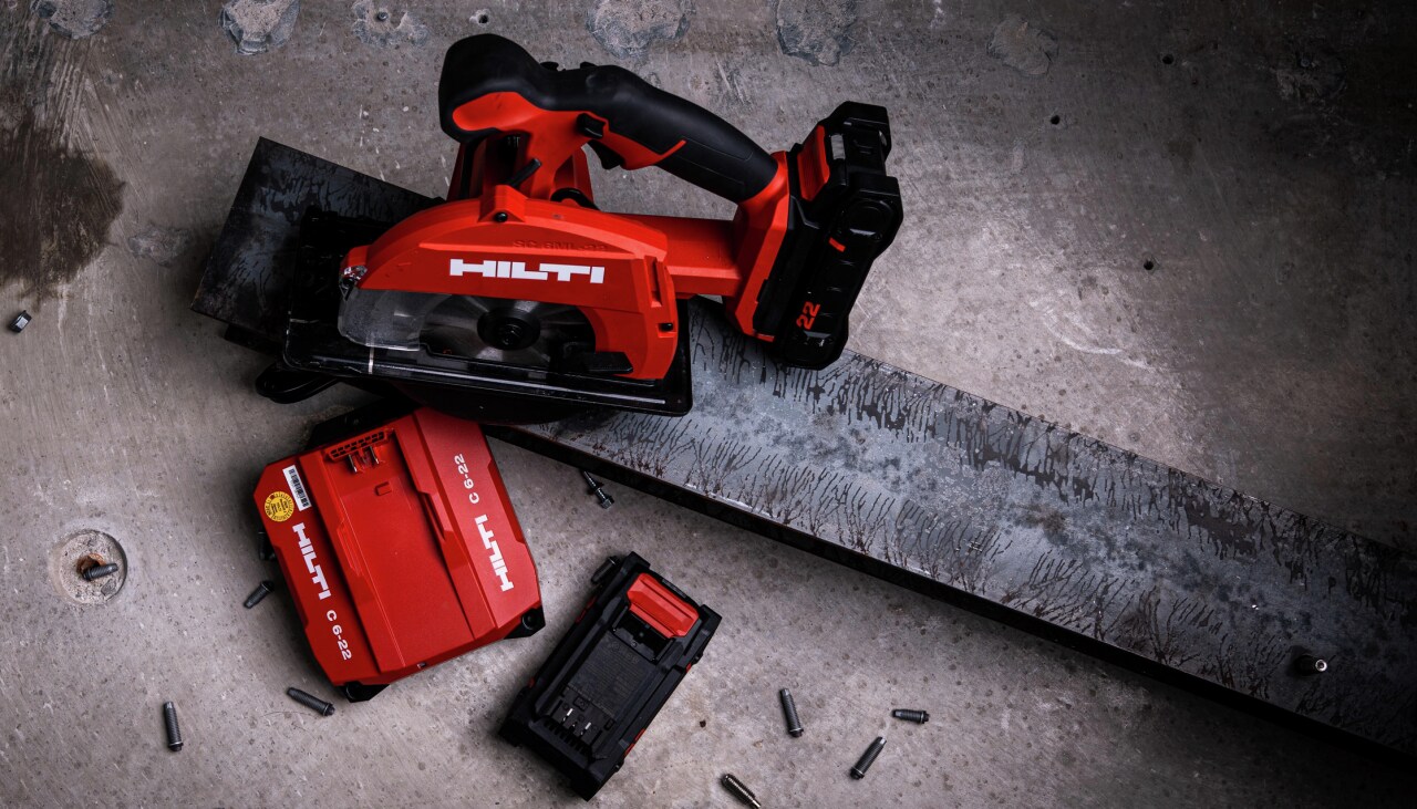 Cordless circular saw cutting metal on the jobsite
