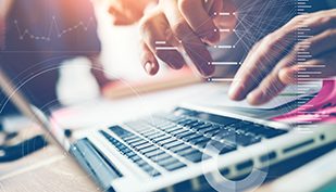 Typing on laptop close-up. Man working on computer. Business team in office. Meeting report in progress. Film effect, blurry background. Statistic graph overlay, icon innovation interface