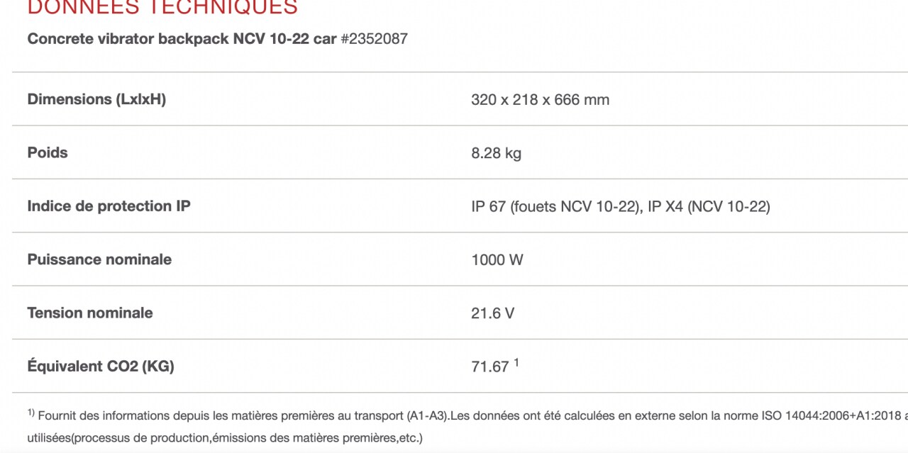 Sur une page catalogue, la donnée carbone se trouve dans la partie données techniques