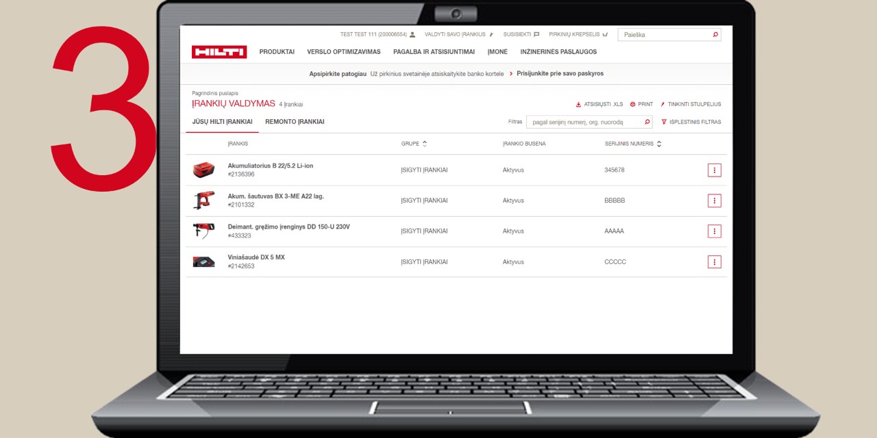 Ekrano kopija, rodanti kaip peržiūrėti įrankius Hilti įrankių parke internete