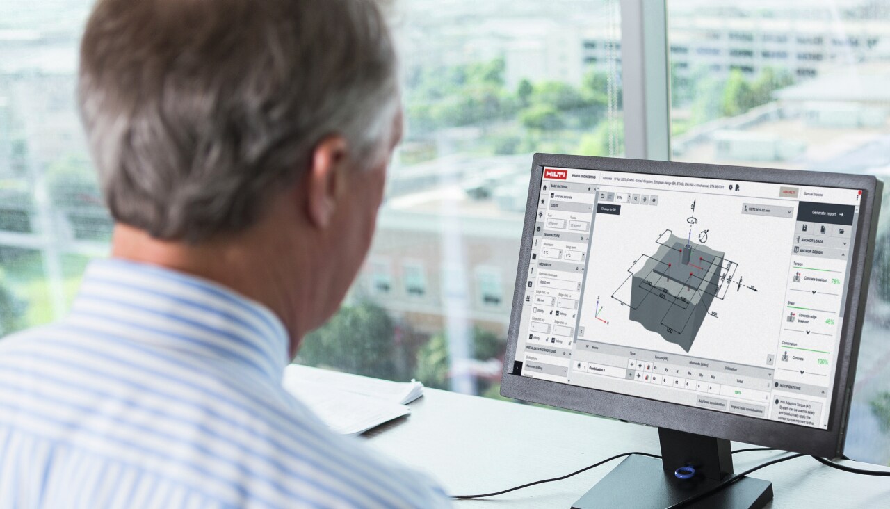 Inženieris piedalās Hilti enkuru projektēšanas apmācībās, izmantojot PROFIS Engineering programmatūru
