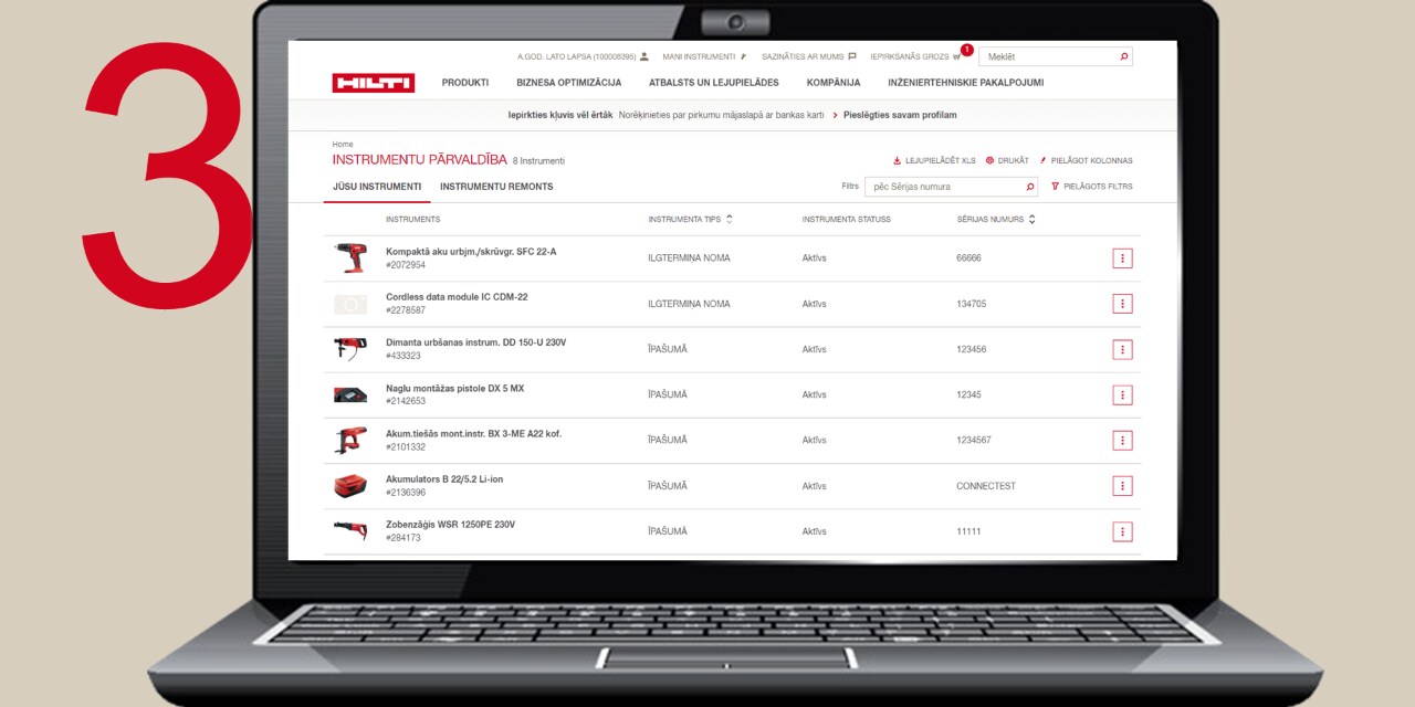 Izmantojot Hilti platformu, lietotājs piesakās, lai piekļūtu instrumentu vēsturei un statusam