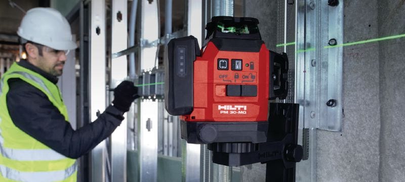 PM 30-MG Multi-line laser level Compact multi-line laser - 3x360° self-levelling green lines for faster levelling, aligning and squaring (12V battery platform) Applications 1